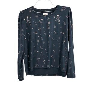 Chelsea Peers Long Sleeve Blue Shirt Cosmic Golden Stars All Over Crewneck L